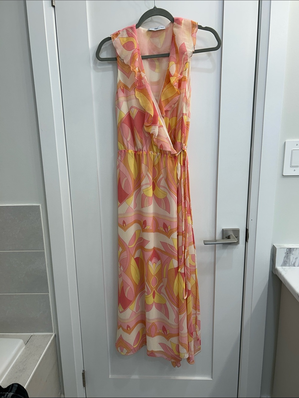 Mango Pink & Yellow Abstract Wrap Maxi Dress